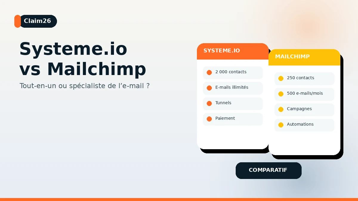 Comparaison éditoriale entre Systeme.io et Mailchimp avec contacts, e-mails et automatisations