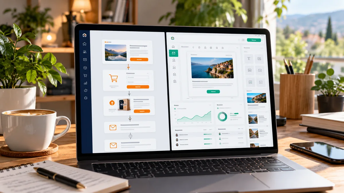 Ordinateur dans un bureau lumineux affichant deux interfaces de marketing par e-mail et de tunnel de vente