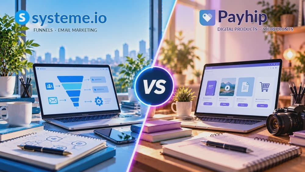 Systeme.io vs Payhip: sales funnels and email marketing compared with digital product storefronts and online selling