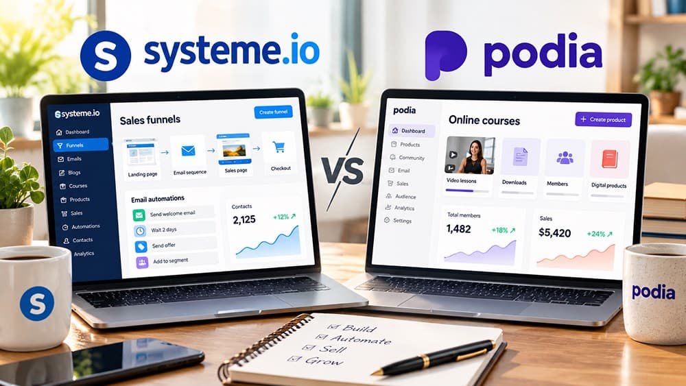 Side-by-side illustrated Systeme.io sales funnels and Podia online course management dashboards