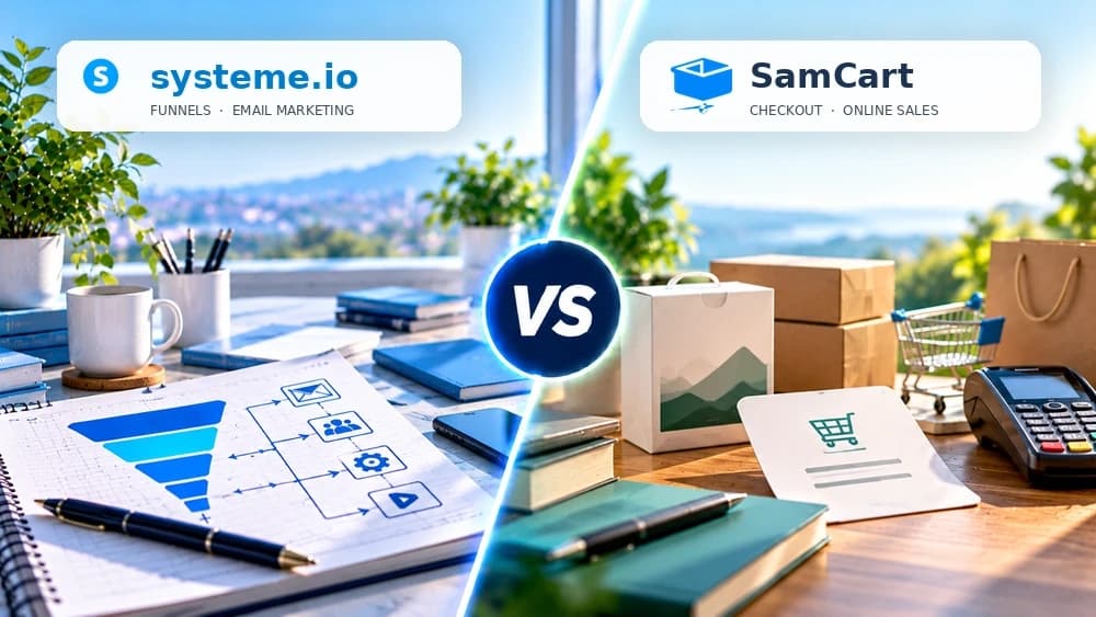 Systeme.io vs SamCart comparison: email marketing and sales funnels alongside checkout and online sales tools
