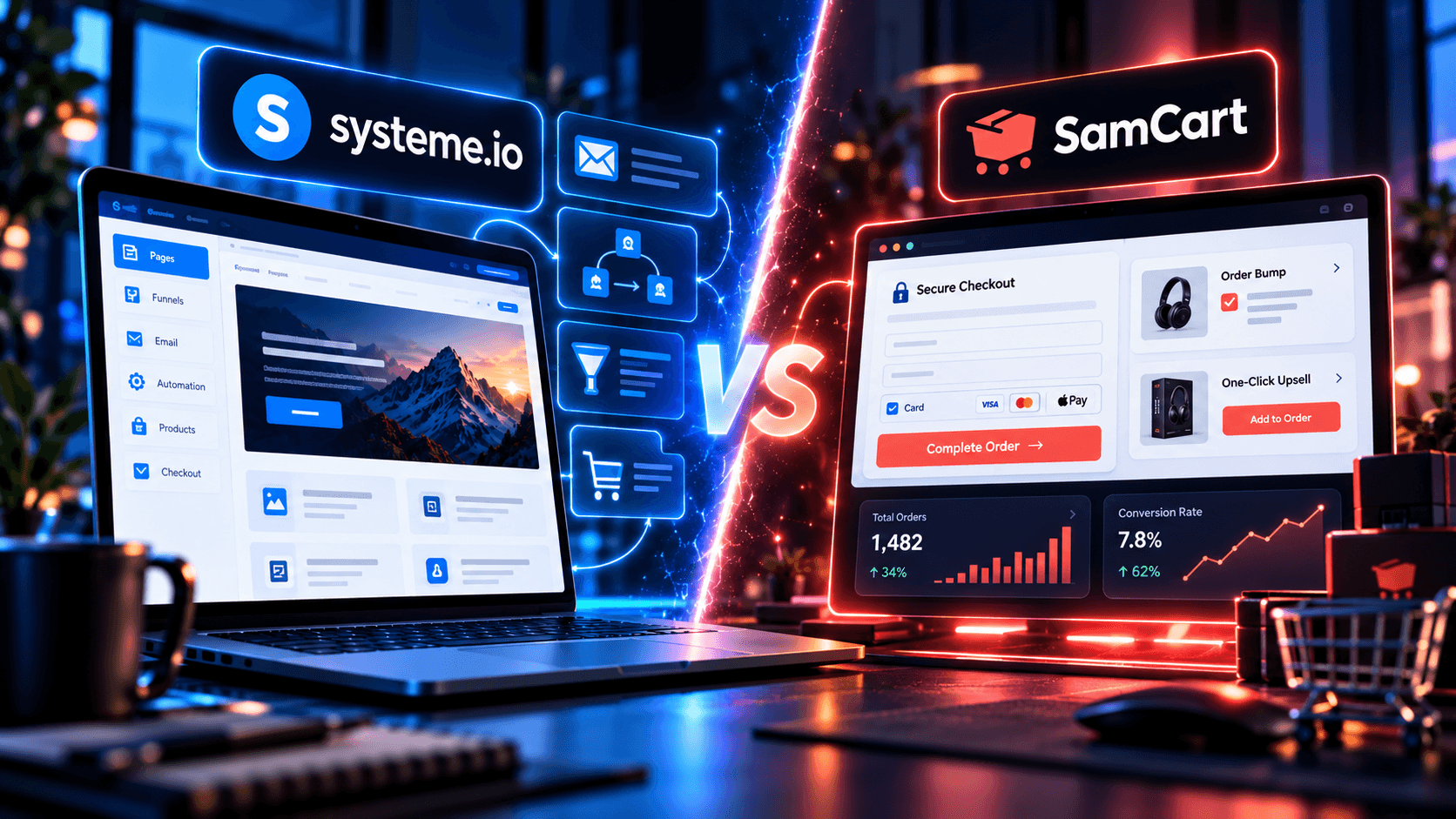 Comparaison éditoriale entre un tunnel Systeme.io complet et un paiement optimisé de type SamCart