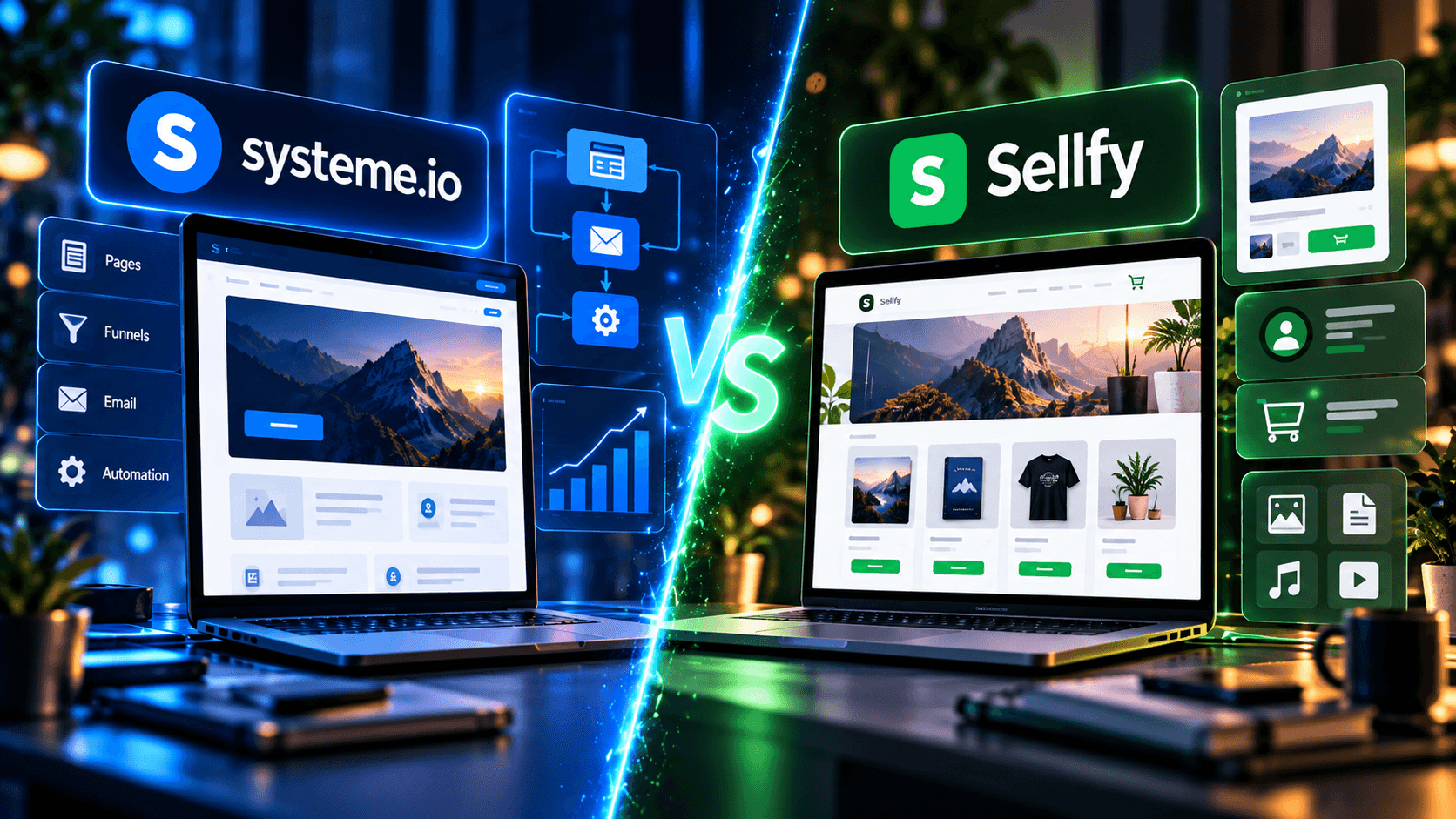 Comparaison éditoriale entre un tunnel marketing Systeme.io et une boutique de produits Sellfy
