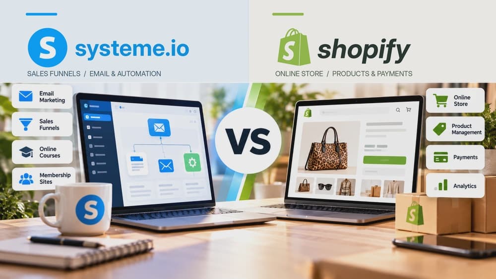 Systeme.io vs Shopify: illustrated comparison of sales funnels and online stores, with both platform logos