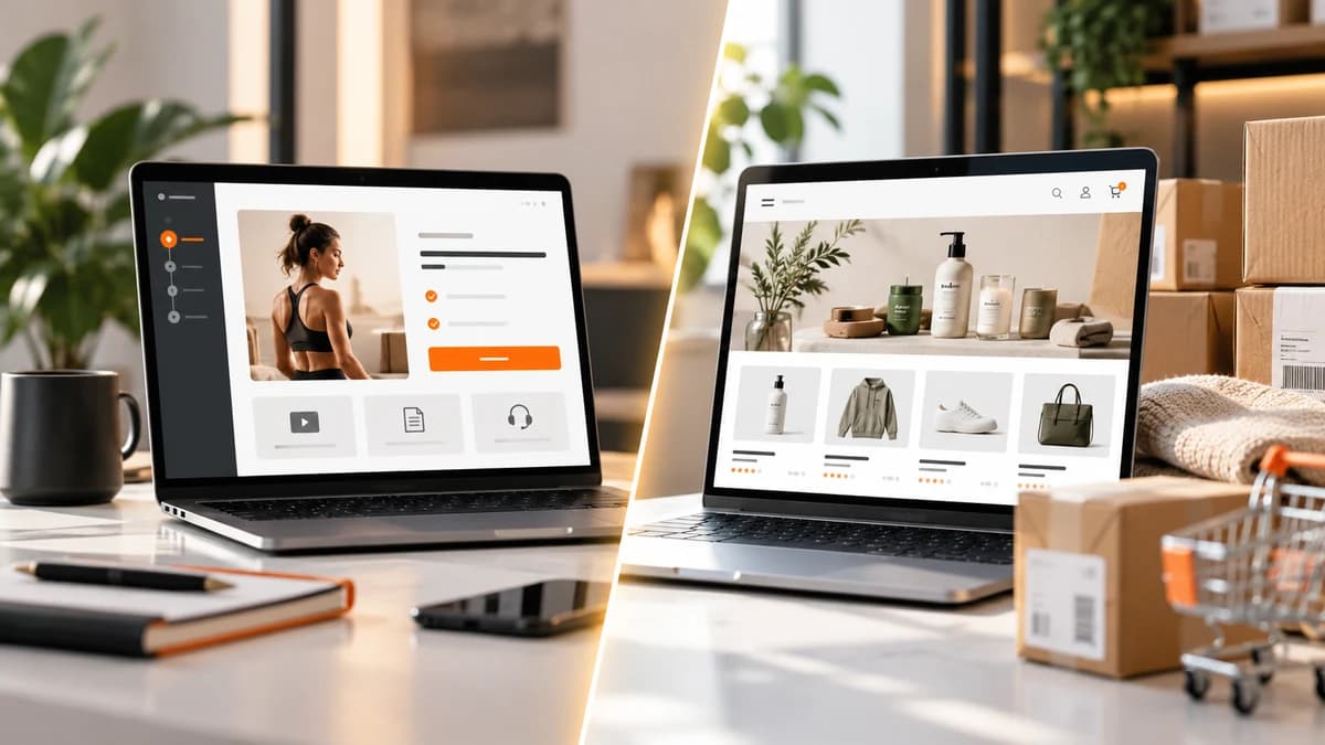 Comparaison éditoriale entre Systeme.io et Shopify avec tunnel de vente et boutique e-commerce