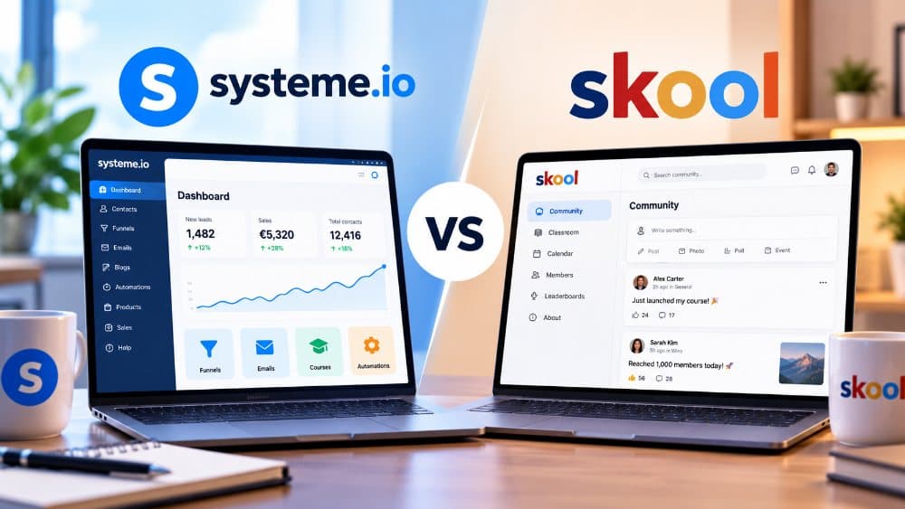 Illustrated comparison of Systeme.io sales funnels and email marketing with Skool community discussion and classroom dashboards