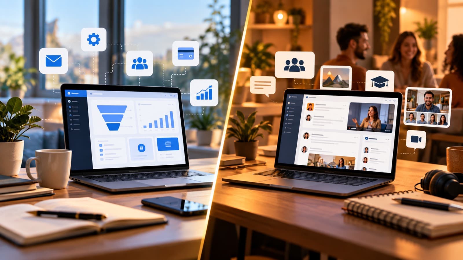 Deux bureaux comparant un tunnel marketing et une plateforme communautaire de formation