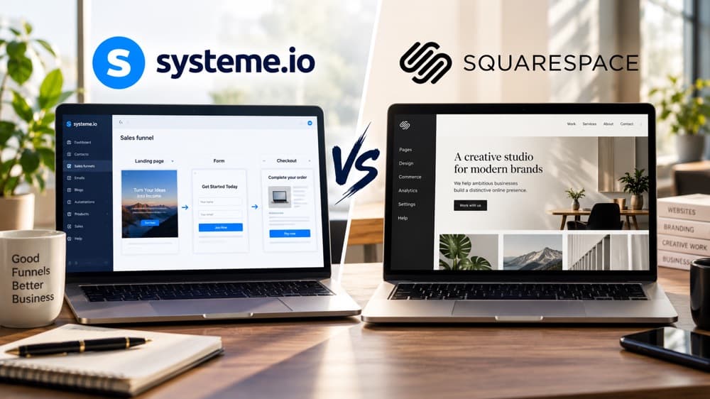 Design-led Squarespace website compared with an automated Systeme.io sales funnel