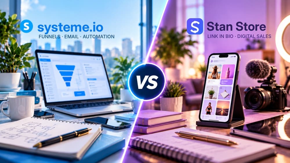 Systeme.io vs Stan Store: sales funnels, email automation and link-in-bio digital storefronts compared