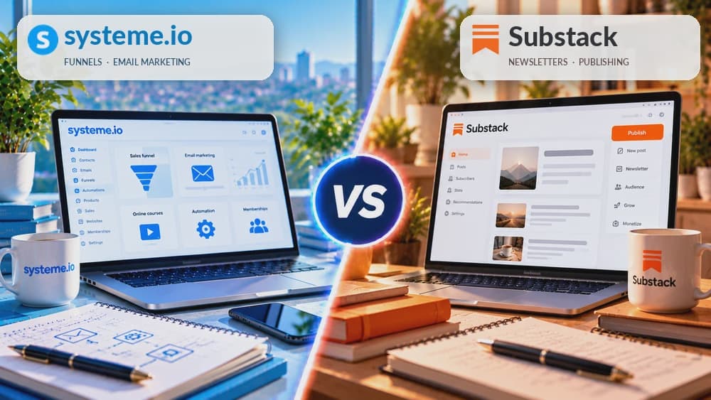 Systeme.io vs Substack comparison: sales funnels and email automation alongside newsletter publishing and audience growth