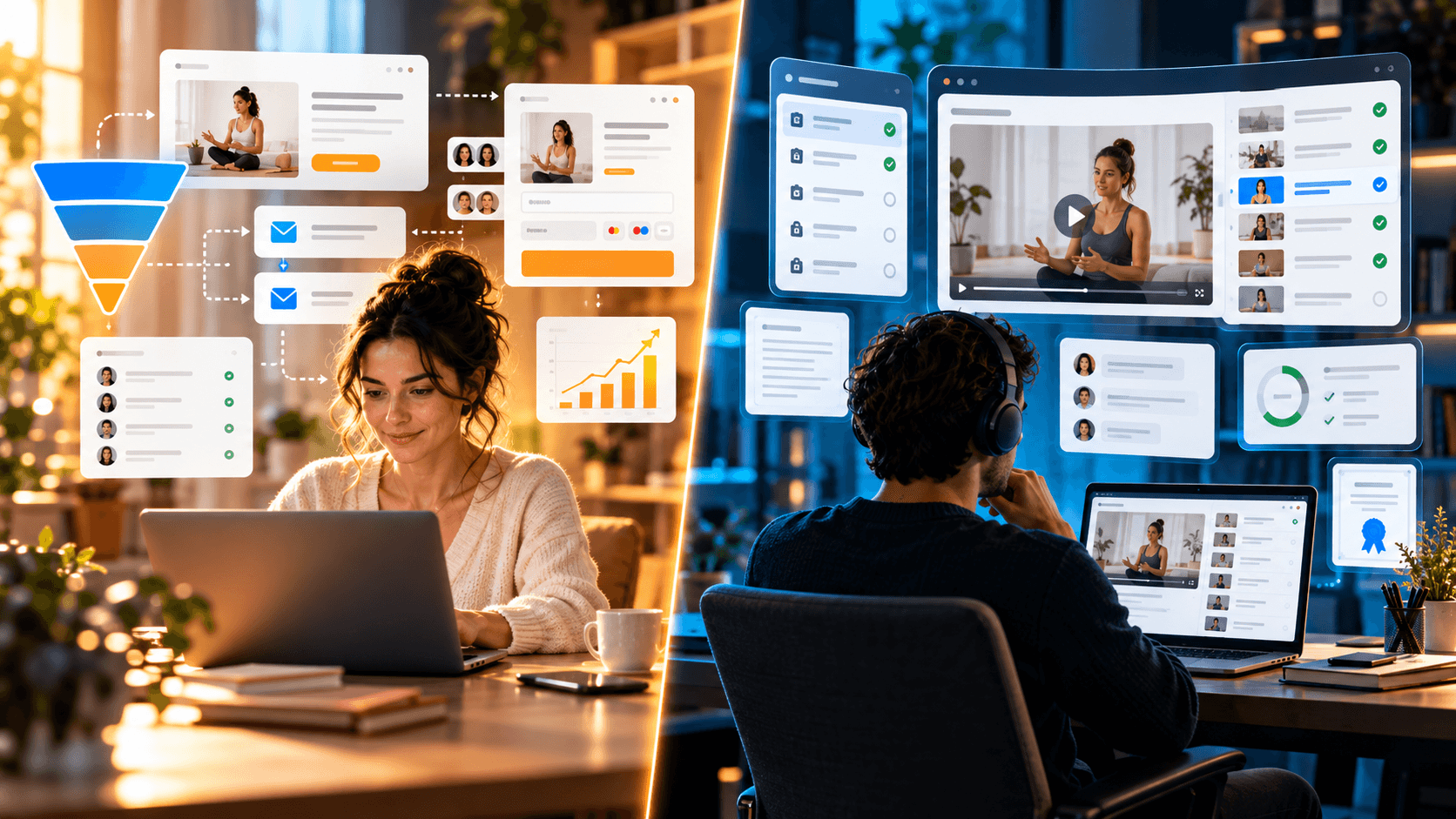 Illustration comparant une interface de formation vidéo à un tunnel de vente avec paiement et e-mails