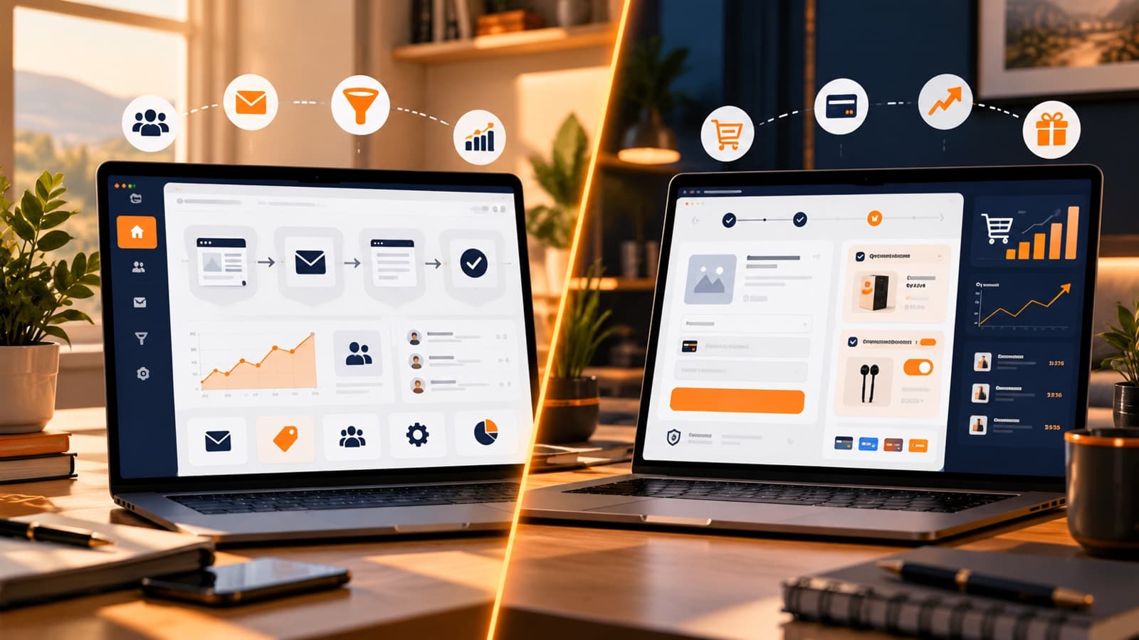 Deux ordinateurs comparant une plateforme marketing tout-en-un et un checkout spécialisé