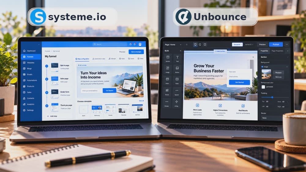 Editorial illustration of two landing page variations and A/B test charts, with Systeme.io and Unbounce logos