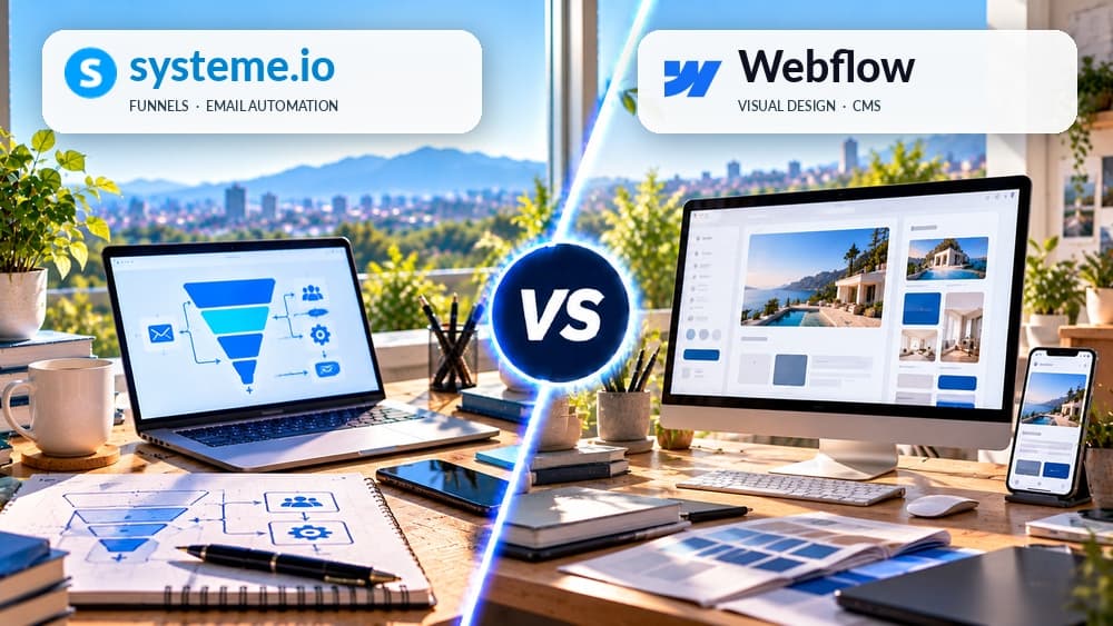Systeme.io vs Webflow comparison: sales funnels and email automation versus visual website design and CMS