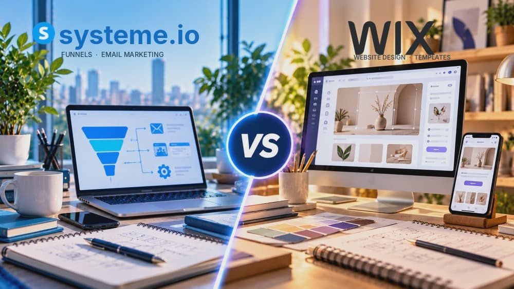 Systeme.io vs Wix comparison: marketing funnels and email automation versus visual website design and responsive templates