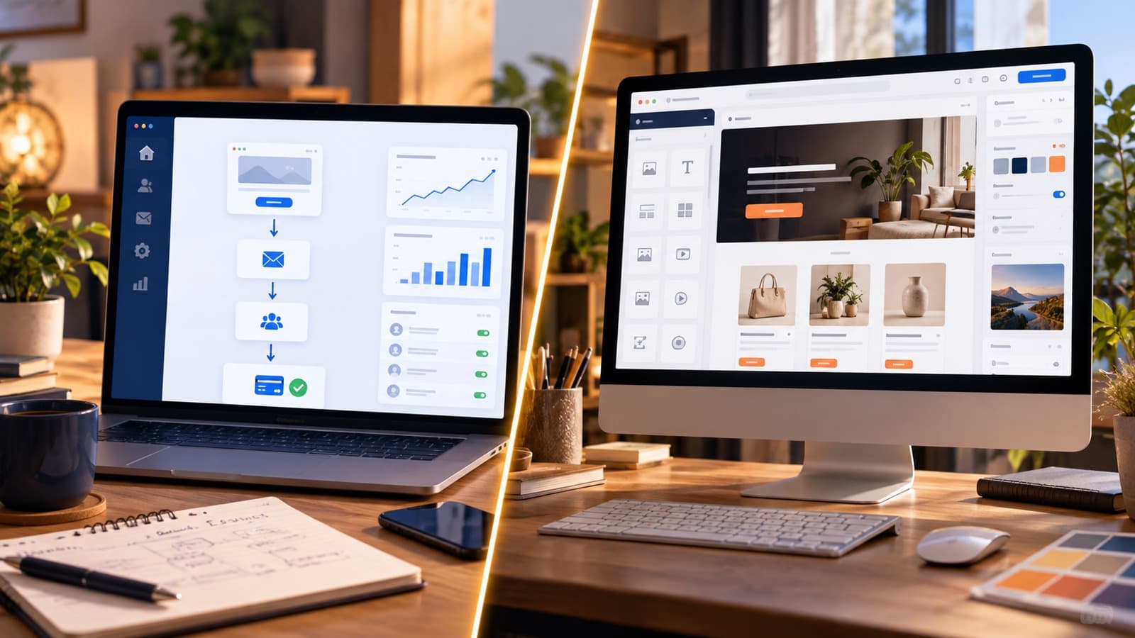 Deux écrans comparant un tunnel automatisé et un éditeur visuel de site web