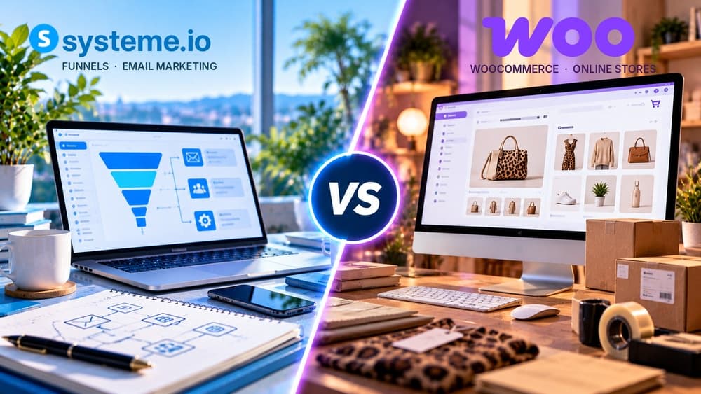 Systeme.io vs WooCommerce comparison: sales funnels and email automation versus an online store with product catalog and order fulfillment