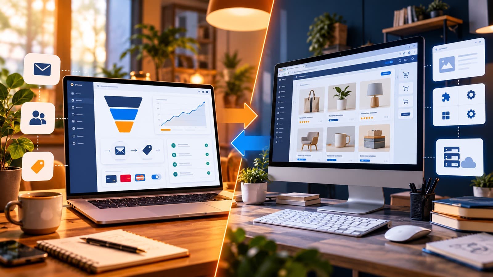 Deux espaces de travail comparant un tunnel de vente et une boutique e-commerce WordPress