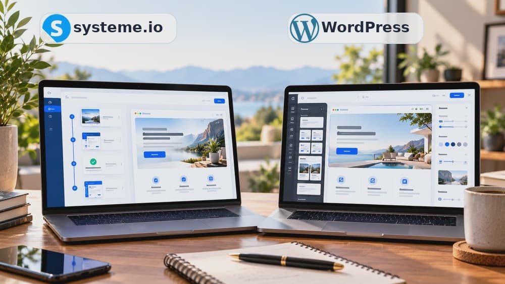 Web designer building a responsive business website with a desktop page editor and tablet preview