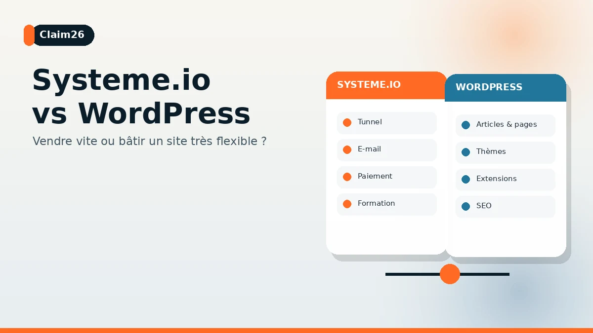 Comparaison éditoriale entre Systeme.io et WordPress avec site, extensions, tunnels et vente