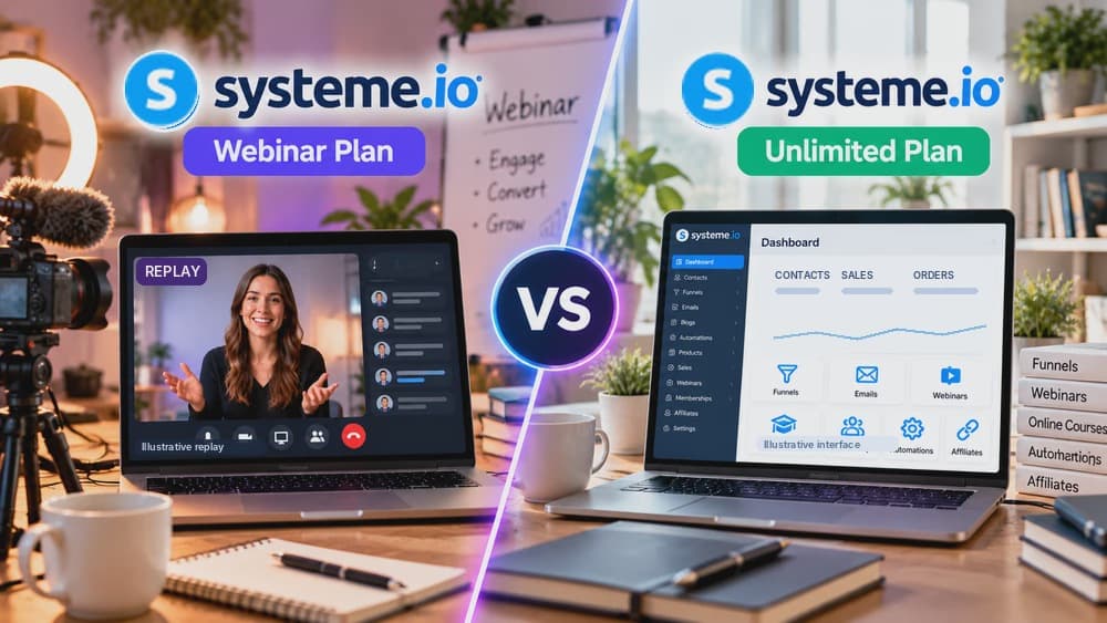 Systeme.io Webinar vs Unlimited plans: illustrated automated webinar replay alongside marketing funnels and email workflows