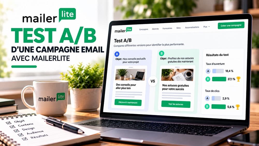 Illustration d’un test A/B MailerLite comparant deux versions d’e-mail et des indicateurs d’ouverture et de clics, avec résultats chiffrés entièrement fictifs