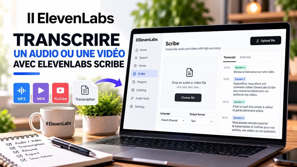 Illustration de transcription audio et vidéo avec ElevenLabs Scribe : import de fichiers, texte horodaté et identification des locuteurs, écran de démonstration non authentique