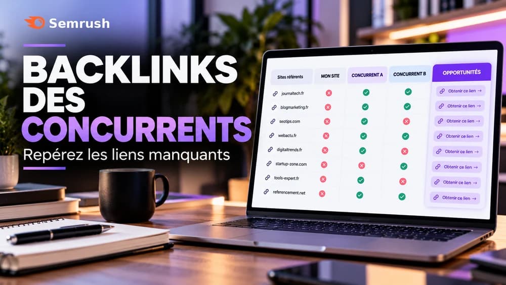 Illustration d'une comparaison de backlinks concurrents : domaines référents et liens manquants dans un guide Semrush Backlink Gap