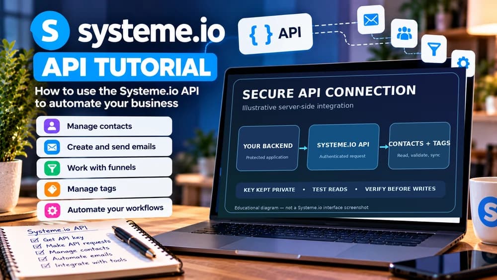 Systeme.io API tutorial showing a secure server-side integration linking a protected backend to contacts and tags, with the Systeme.io brand