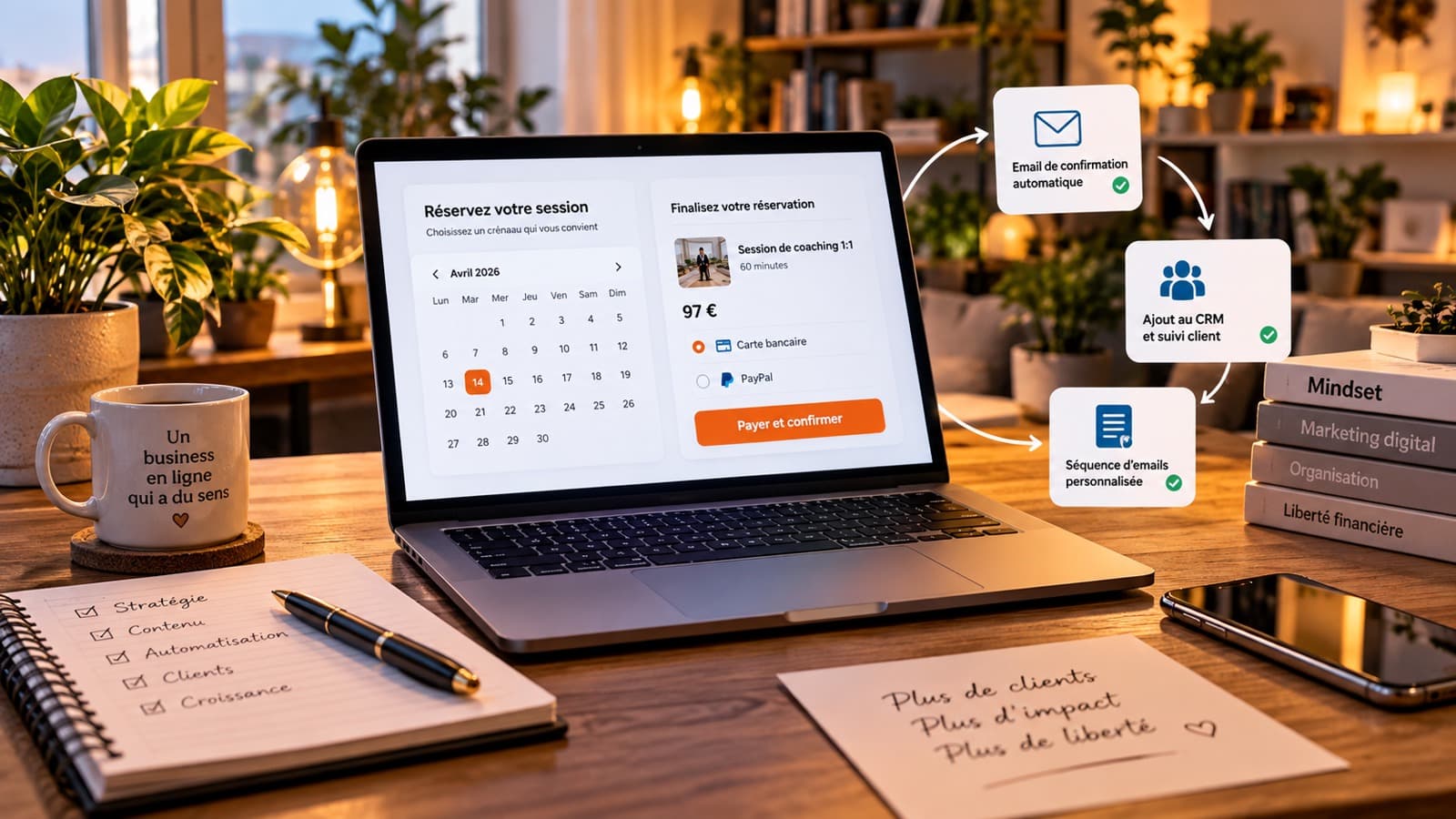 Ordinateur affichant un calendrier de réservation, un paiement de coaching et des automatisations de suivi