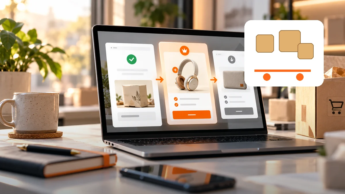 Illustration éditoriale réaliste d’un ordinateur présentant un parcours e-commerce avec colis et gestion de produit physique