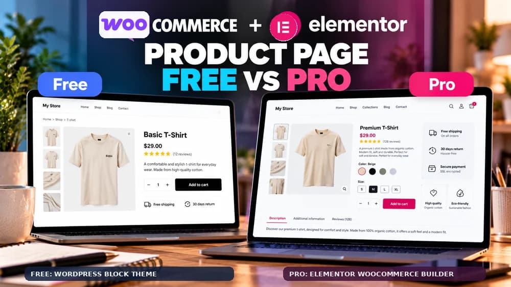 WooCommerce product page design: free WordPress block-theme customization versus Elementor Pro WooCommerce Builder on two example online store pages